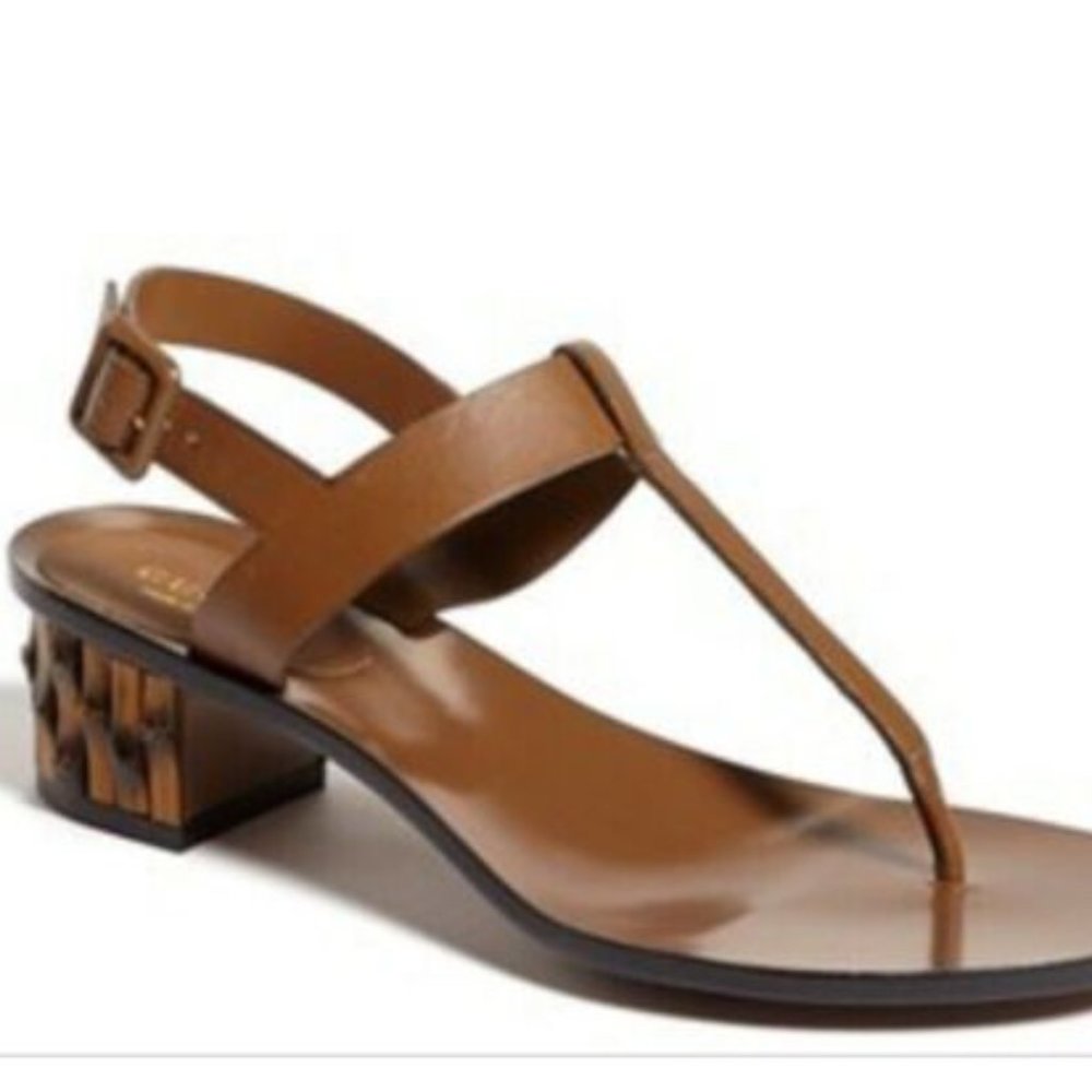GUCCI bamboo Heels Dahlia $795 Sz 38.5 GUC thong Strappy Sandal Shoes brown